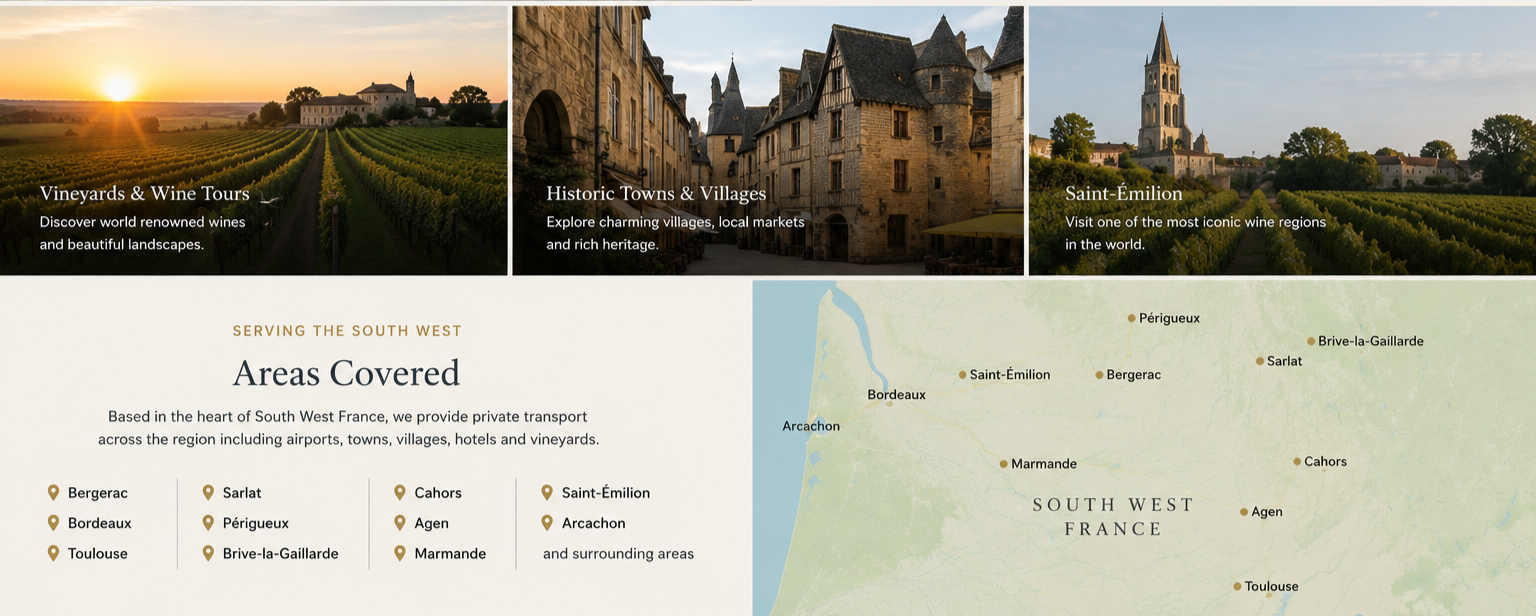 Areas covered by AC Private Chauffeur in South West France